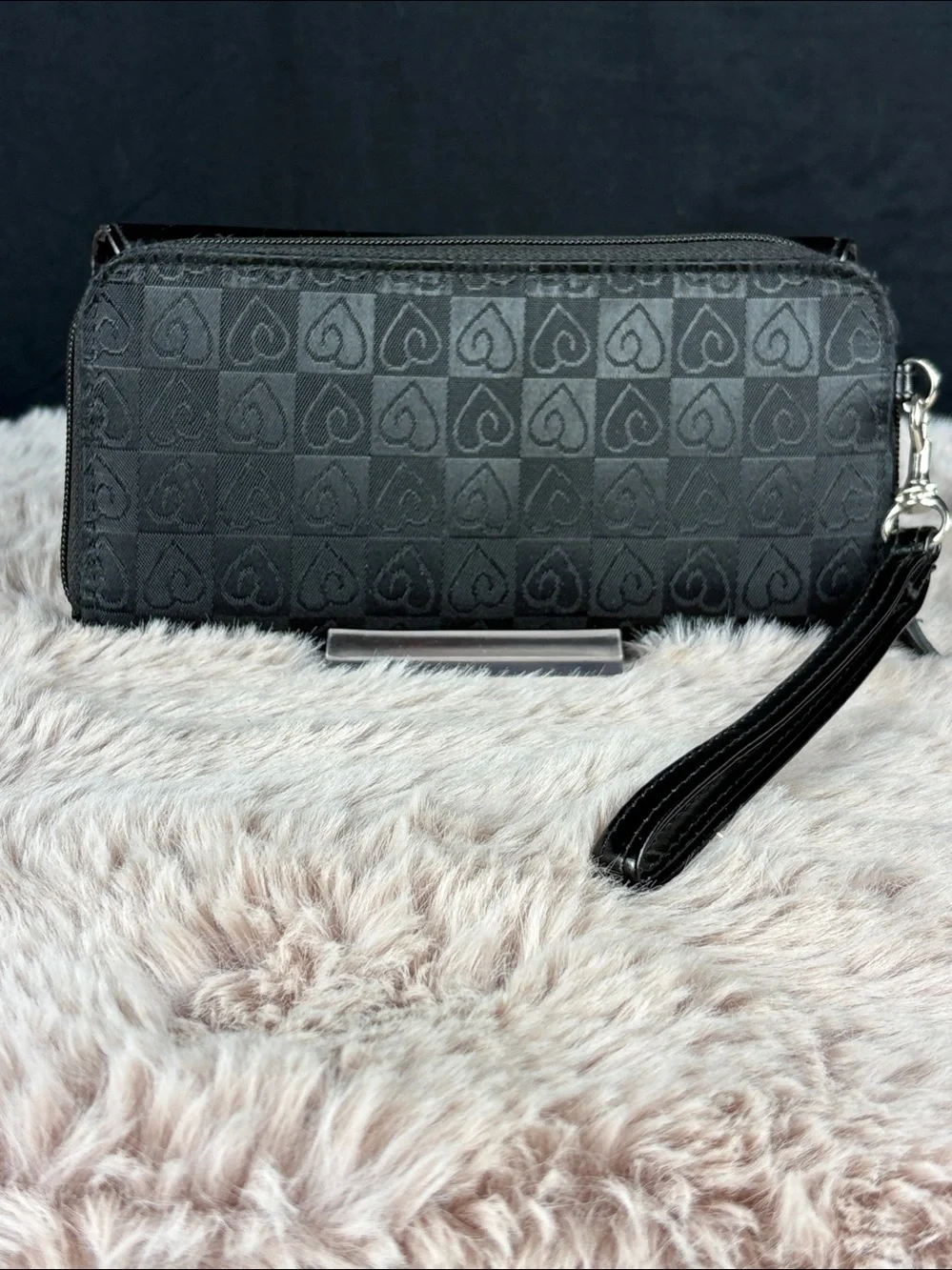 Black Heart Embossed Wristlet Clutch Wallet Heart Charm